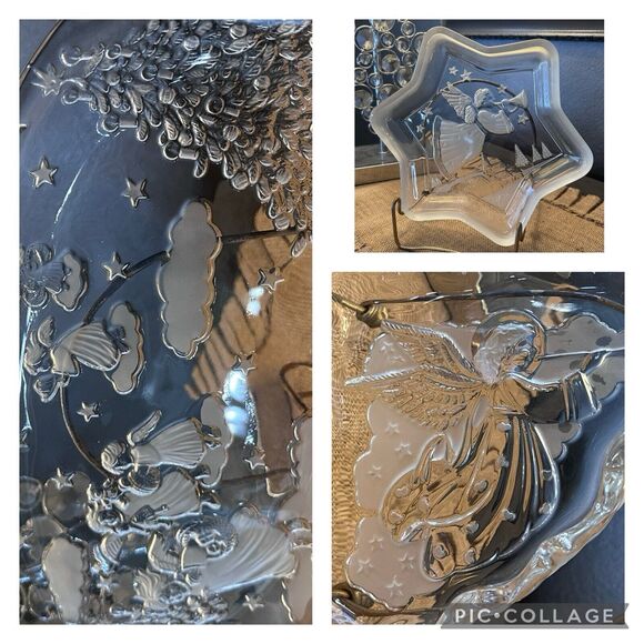 Lot Of 3 Serving Platter Bowls Tray Christmas Holiday Heavy Glass Angel Figures - Picture 2 of 10